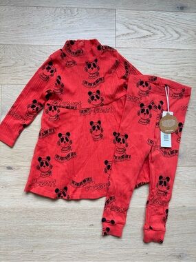 Mini Rodini Mozart Panda Ribbed Dress & NWT Leggings Set 80/86 12-18M